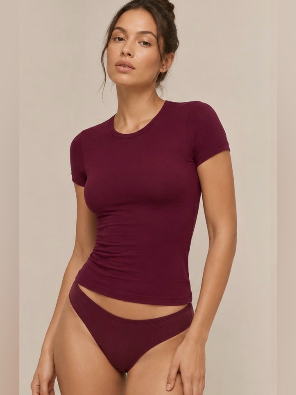 SKIMS Fits Everybody Short Sleeve top smoothing stretch Tee Berry Wine Body L